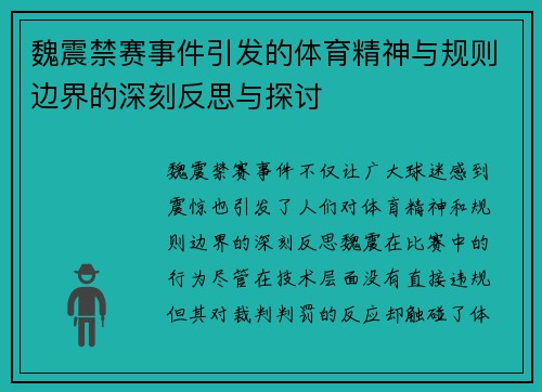 魏震禁赛事件引发的体育精神与规则边界的深刻反思与探讨